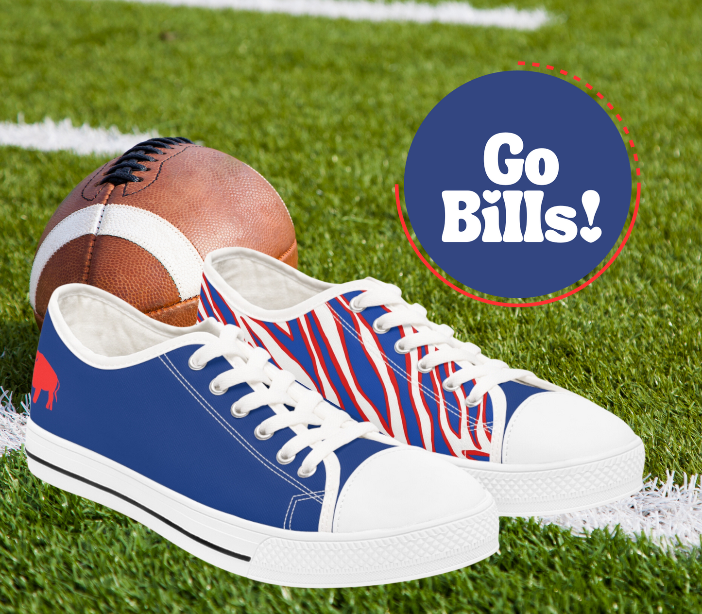 Buffalo Football Fan gear low top buffalo theme sneakers for women, buffalo football shoes, buffalo football slides. Let’s go buffalo