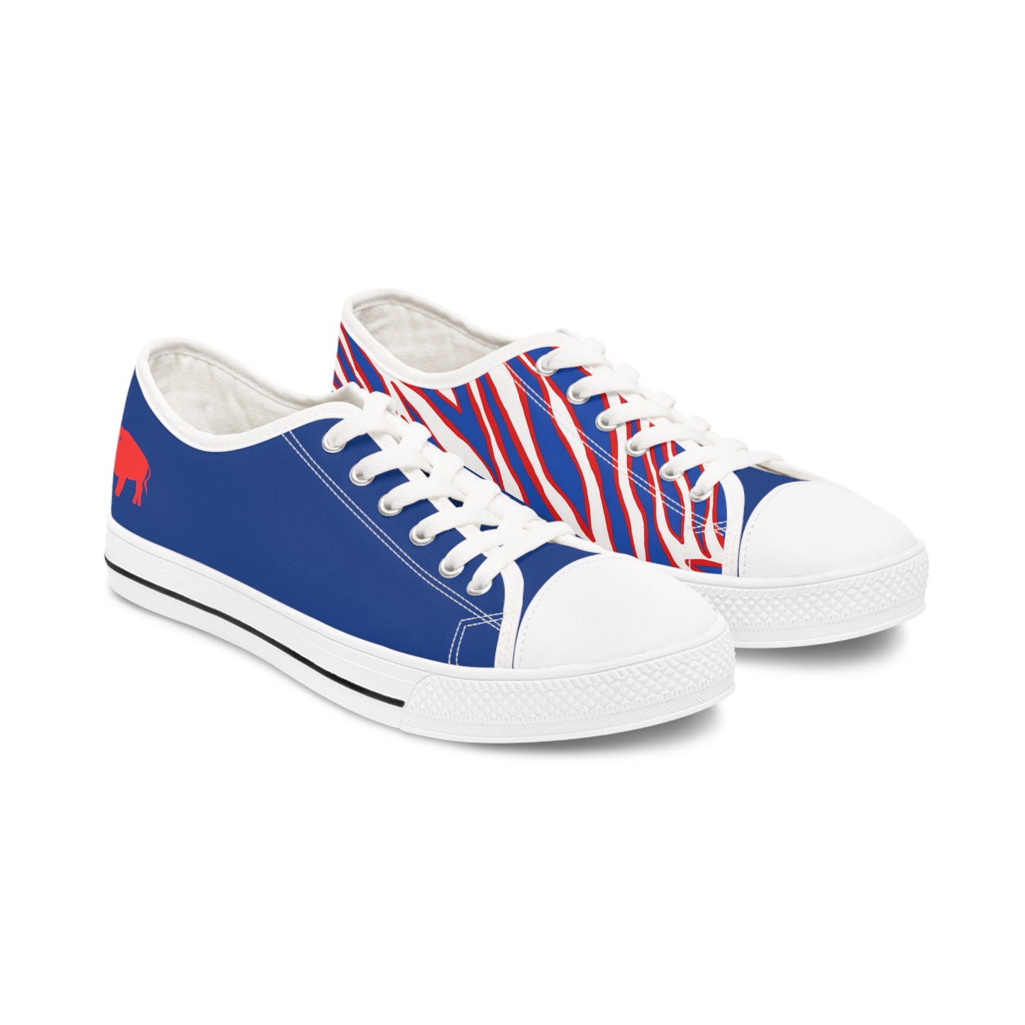 Buffalo Football Fan gear low top buffalo theme sneakers for women, buffalo football shoes, buffalo football slides. Let’s go buffalo