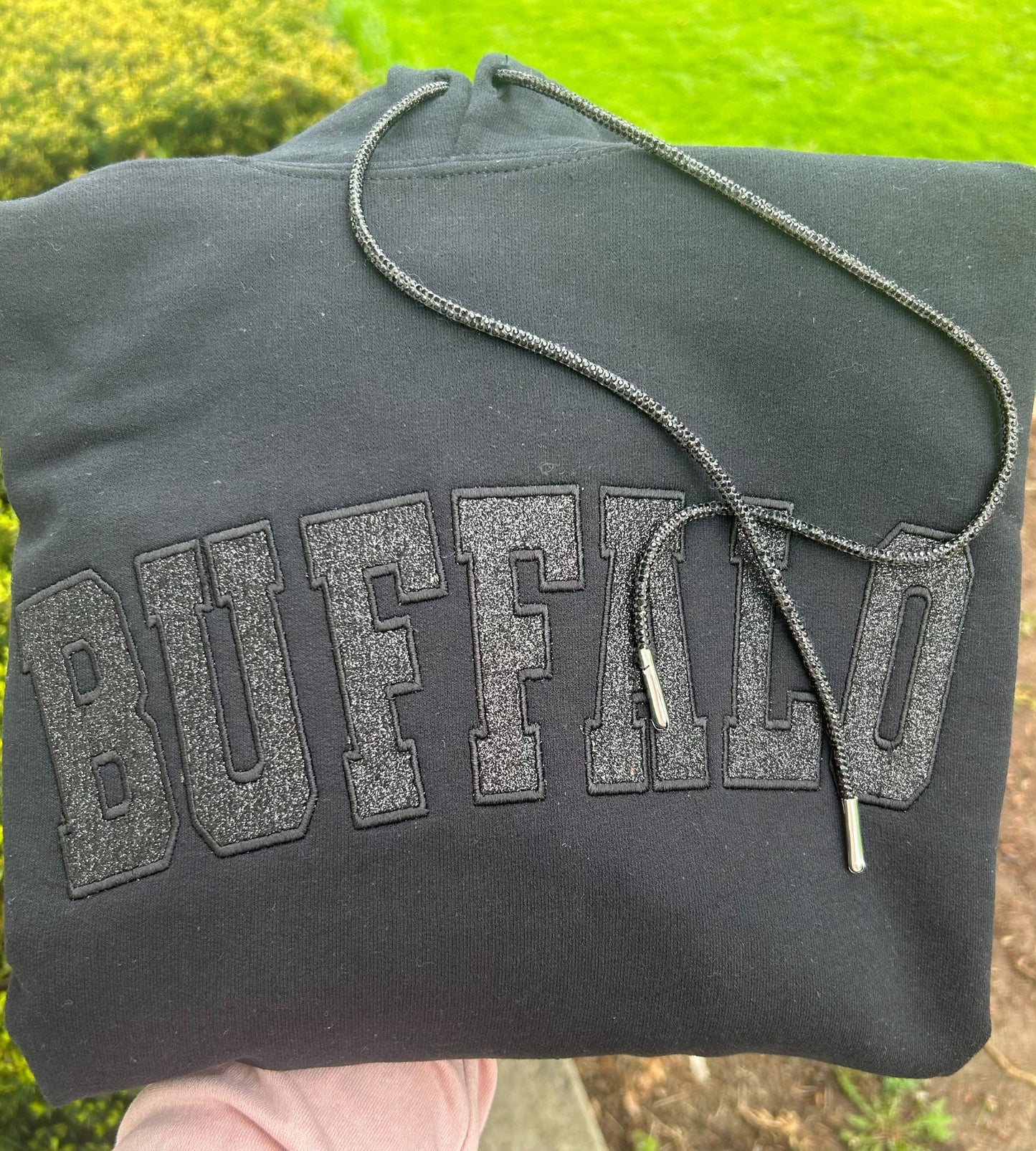 Custom Black on Black Glitter Embroidered Hoodie with Rhinestone strings